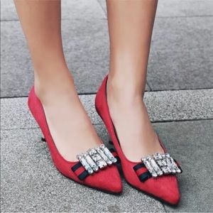 Classic Suede Rhinestone Red Shoes